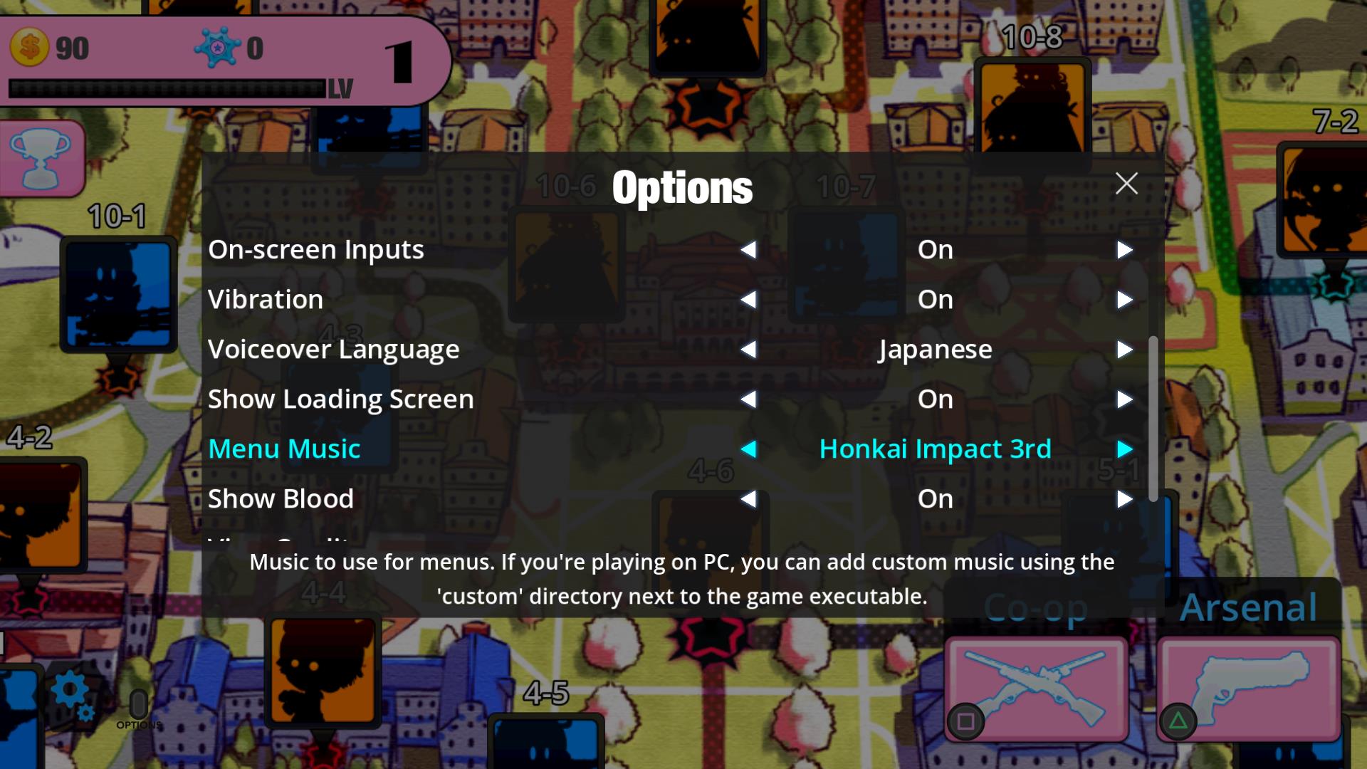 The options menu over the game's stage selection map